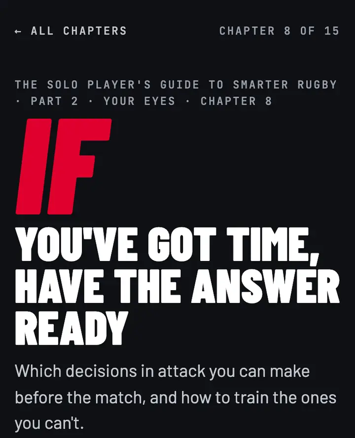 The opening of chapter 8 on a phone: If you've got time, have the answer ready. Which decisions in attack you can make before the match, and how to train the ones you can't.